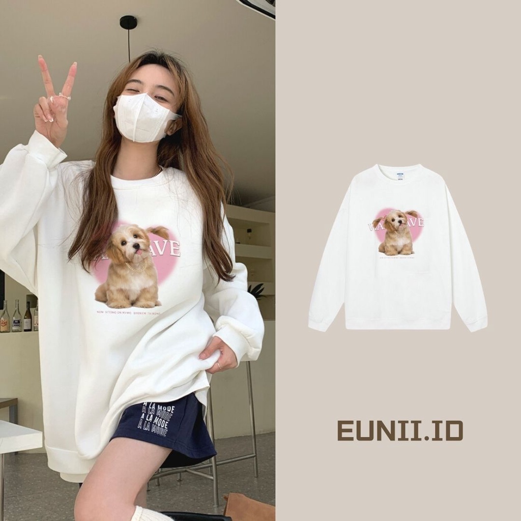 EUNII Sweater Lengan Panjang Cartoon Pink Dog Korean Style/Sweater Crop/Baju Wanita/Switer Wanita/Switer