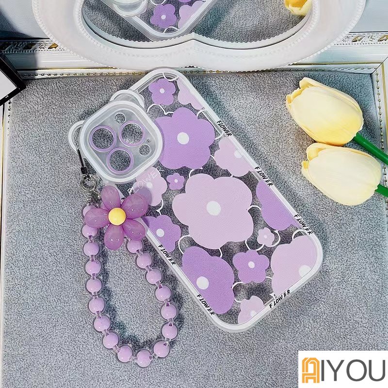 Lucu 3D Telinga Beruang Bunga Gantung Telepon Rantai Bening Soft Case Untuk iphone 14 Pro Max13 12 11 XR XS X7 8 plus SE MiNi Mewah Cover