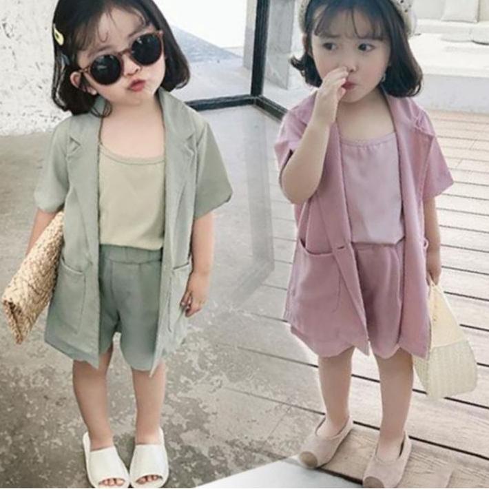 ➥ Setelan blazer tank top celana pendek anak perempuan import / Blazer casual set ➬