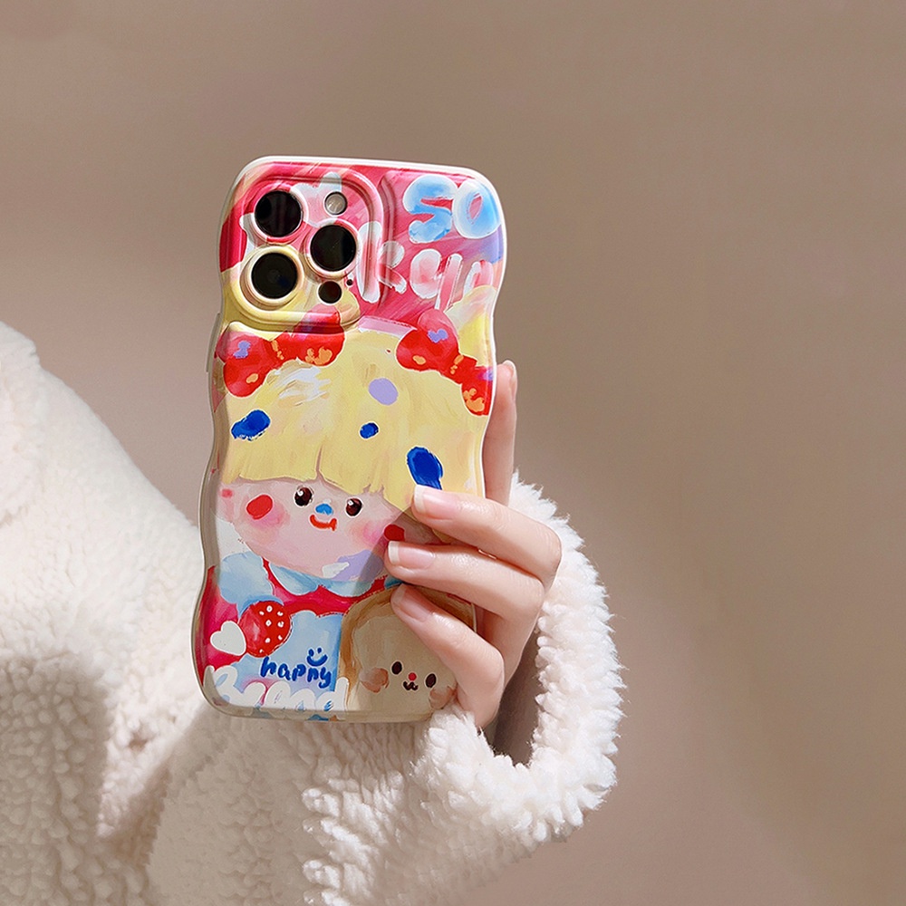 IPHONE Ins Gadis Lucu Lukisan Cat Minyak Kartun Soft Beige Case Untuk Iphone14 11 12 13 PRO MAX Casing Cover Pelindung AT0019