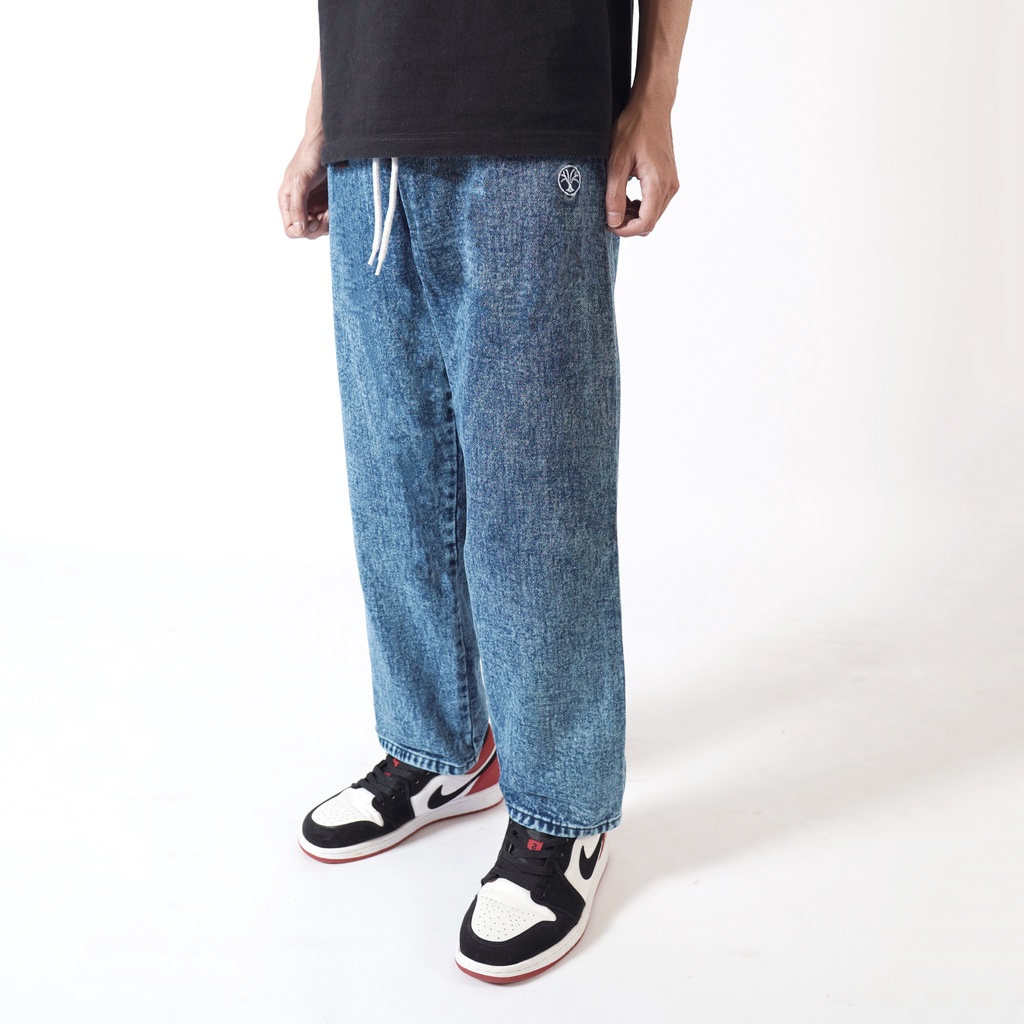 Pluviophile - Relaxed pants celana Baggy relaxed Gombrong Jeans karet Denim Blue Sandwash