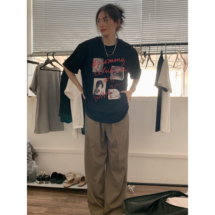 Kaos Atasan Wanita Couple Oversize Lengan Pendek Letter Graphic Print T-shirt Kekinian Korean Style Kaos Baju Wanita Hitam