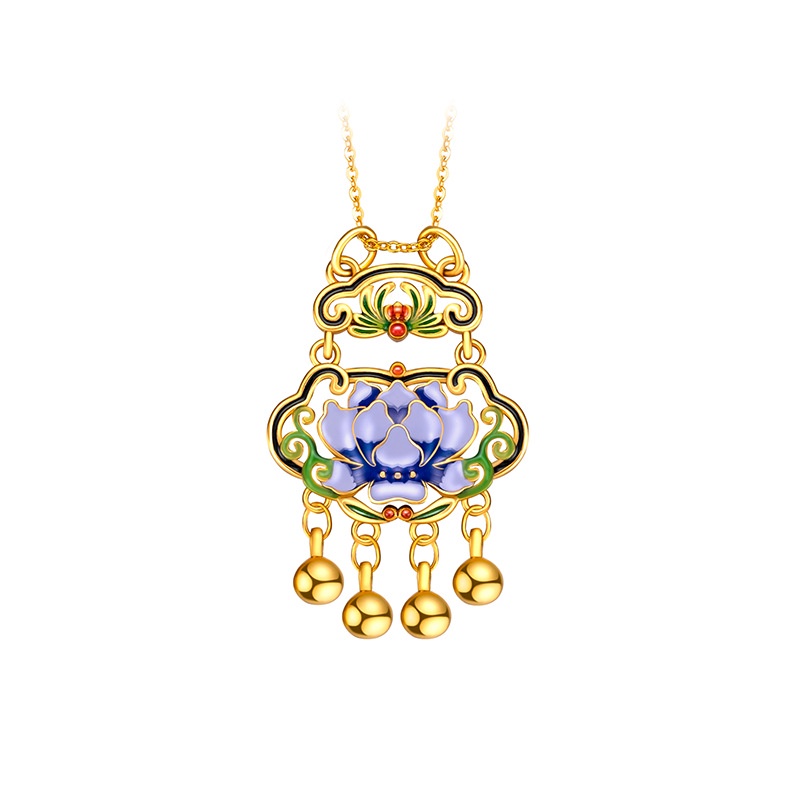 Goldkingdom Perhiasan Fashion Emas Asli Kadar 375Bangkok Aksesoris Ready Stock Enamelled Gaya Retro Liontin Wanita Membakar Biru Cincin Ganda Ruyi Lotus Lock Kalung