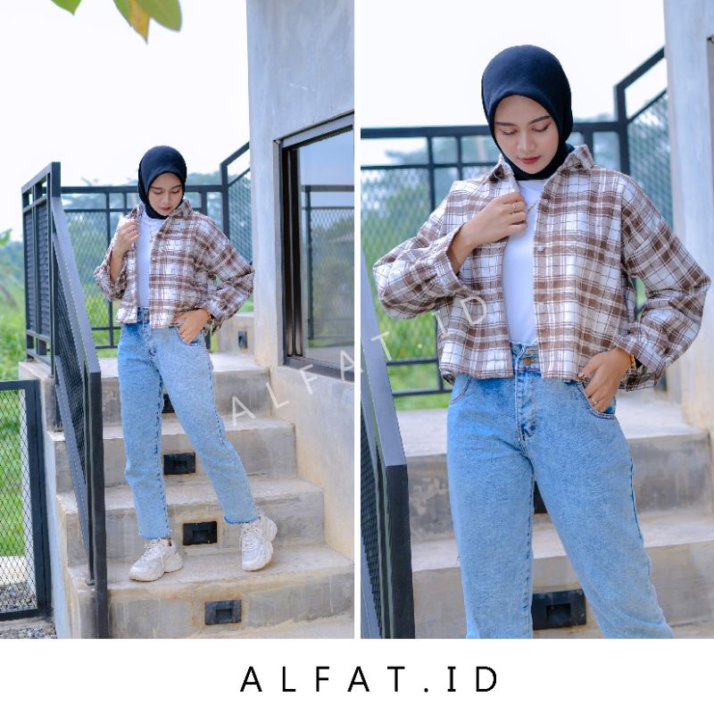 crop top flanel / kemeja crop wanita