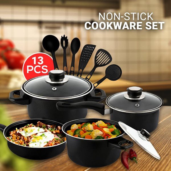 Panci Wajan Set 13 Tutup Kaca All In One PANCI SET Cookware Set 13 HITAM bisa untuk Hadiah Souvenir Kado