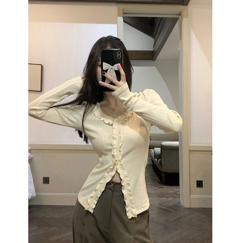 Red Keinginan murni t-shirt lengan panjang kardigan wanita manis dan pedas 2023 musim semi dan musim gugur pelangsing gaya asing all-match slim slit hot girl top