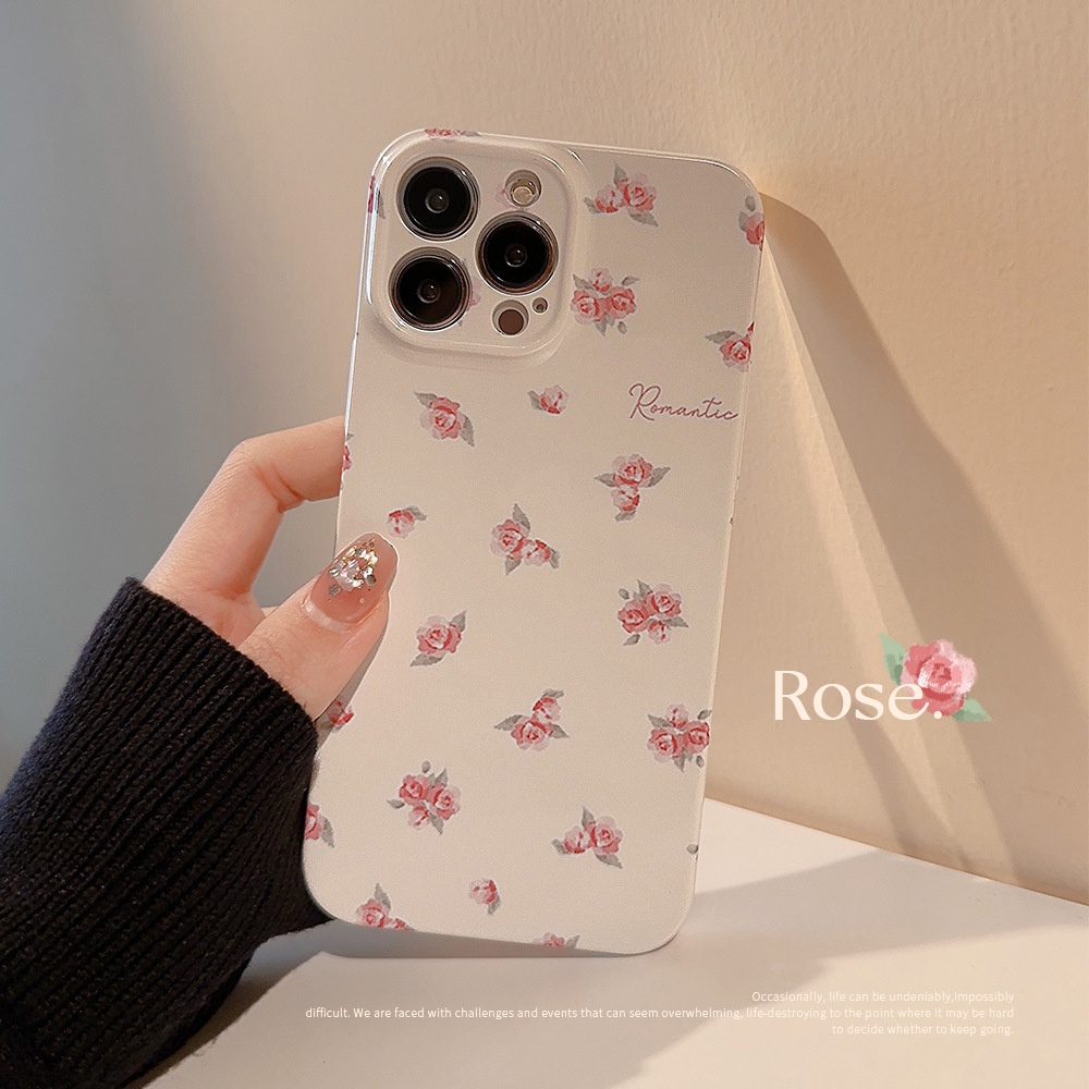 IPHONE Hard Case Glossy Bunga Mawar Gaya Prancis Romantis Untuk Iphone7 8 PLUS X XR XS 11 12 13 14 PRO MAX SE 2020 Penutup Pelindung Lensa Kamera