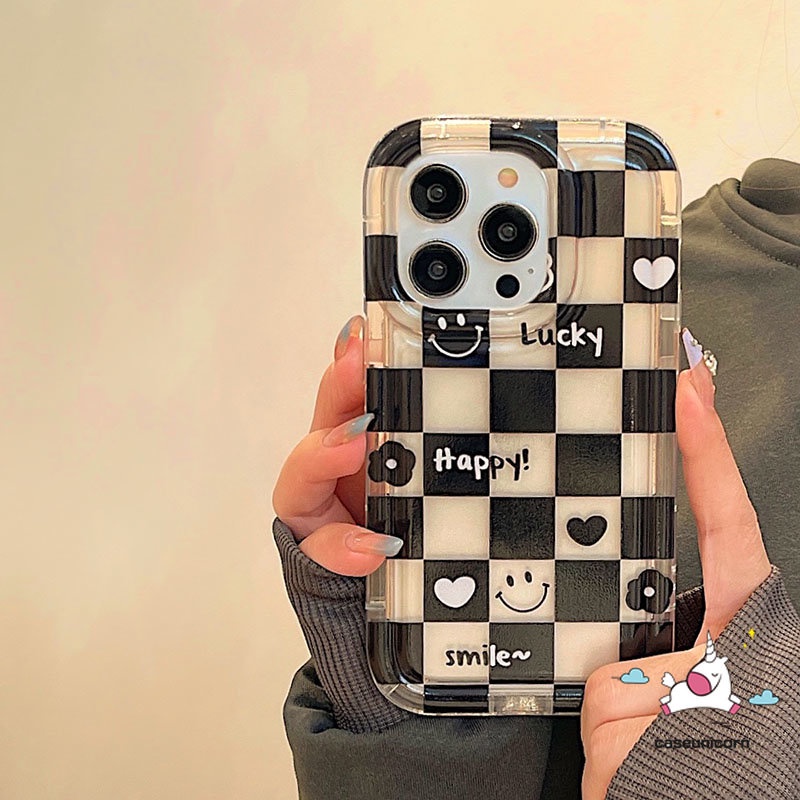 IPHONE Pasangan Casing Ponsel Kompatibel Untuk Iphone11 14 13 12 Pro MAX 6 6S 7 8 Plus XR X XS MAX Shockproof Airbag Lembut TPU Cover Ins Kotak-Kotak Beruang Smile Love Heart Flower Couple Case