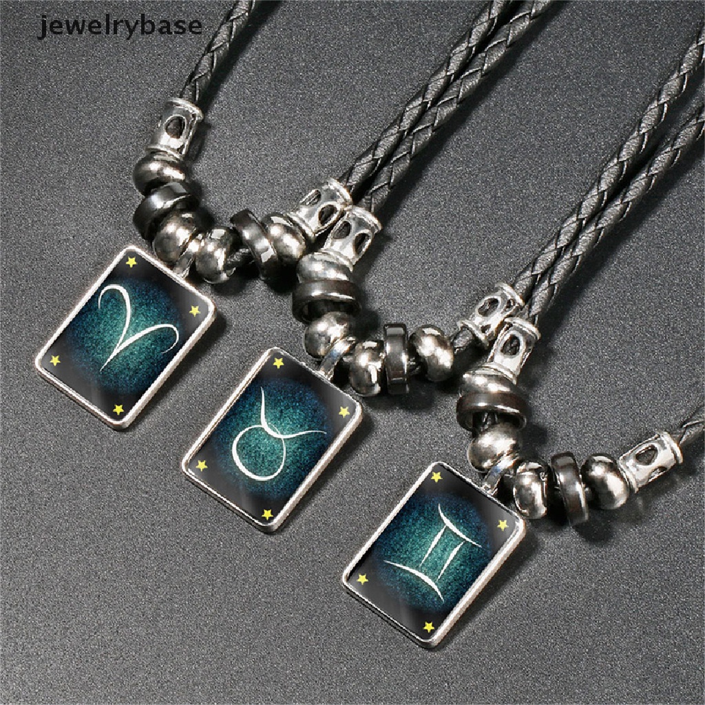 [jewelrybase] Punk Rock Pria Perhiasan Liontin Kalung Vintage Bercahaya12Rasi Rasi Bintang Hitam Cord Kulit Liontin Kalung Butik