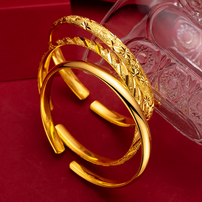 Goldkingdom Perhiasan Fashion Emas Asli Kadar 375Bangkok Aksesoris Ready Stock Lapis Emas Retro 6n Full Bintang Gelang Permukaan Halus Push-pull Minimalis Gelang Wanita