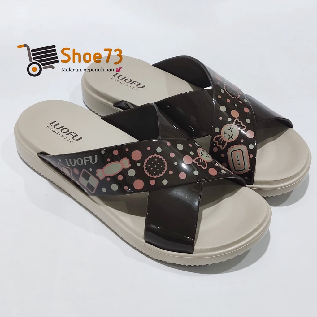 LUOFU E 7189 SM-B65 SIZE 36-40 ORIGINAL l Sandal Selop silang MOTIF jelly wanita l Sendal kokop cewek impor