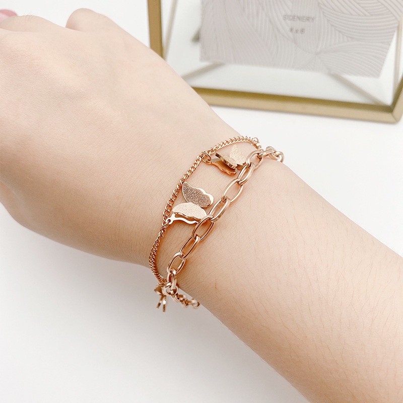 Gelang Rantai Butterfly Double Layer Bahan Titanium Steel Plated 18k Rose Gold Silver Tahan Air Gaya Eropa Amerika Untuk Wanita