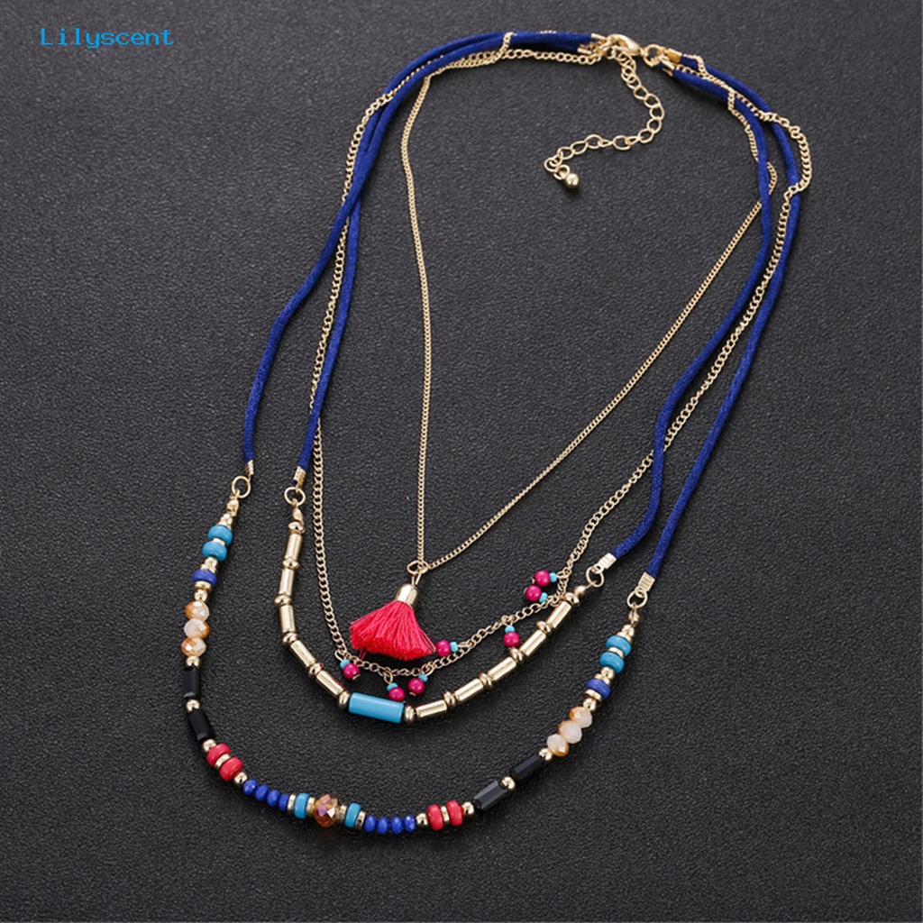 [LS] Kalung Wanita Rumbai Liontin Manik-Manik Perhiasan Multilayer Kalung Warna-Warni Untuk Liburan