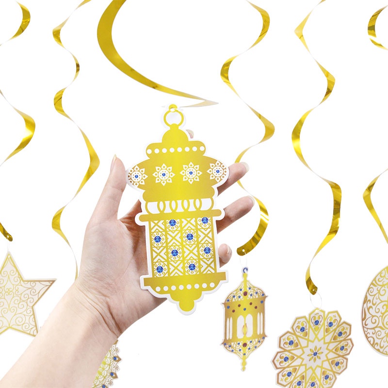 6 Pcs / Set Classic Ramadan Star Moon Shape Spiral Banner Pendant / Exquisite Eid Mubarak Series Pattern Cardboard Decor / Muslim Festive Hanging Ornament