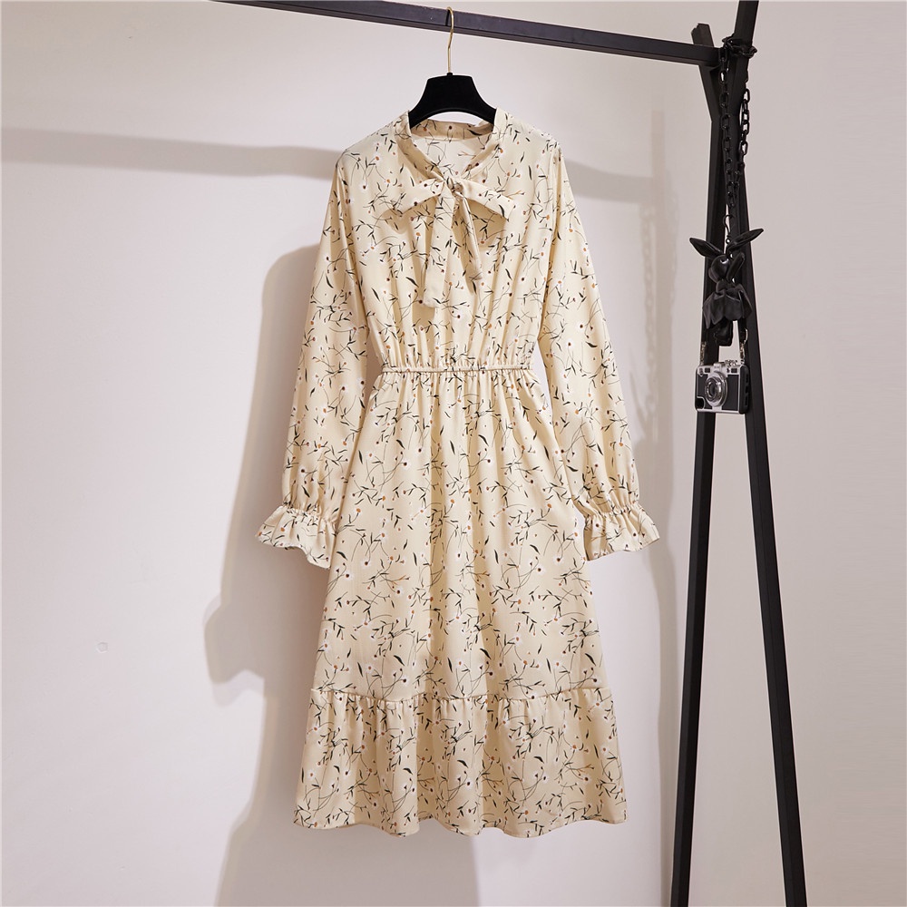 COD 2022 New Fashion Midi A-line Dress Beige Biru Tua Merah Wanita Midi Dress Korea Lengan Panjang Muslimah Motif Bunga Panjang Gaun