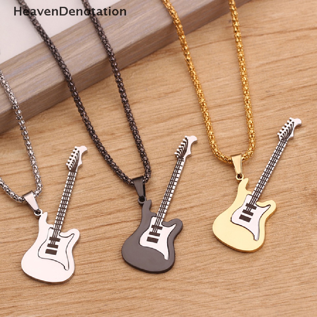 [HeavenDenotation] Hip Hop Warna Emas Hitam Perak Fashion Pria Wanita Stainless Steel Musik Rock Gitar Liontin Perhiasan Rantai Kalung Hadiah HDV