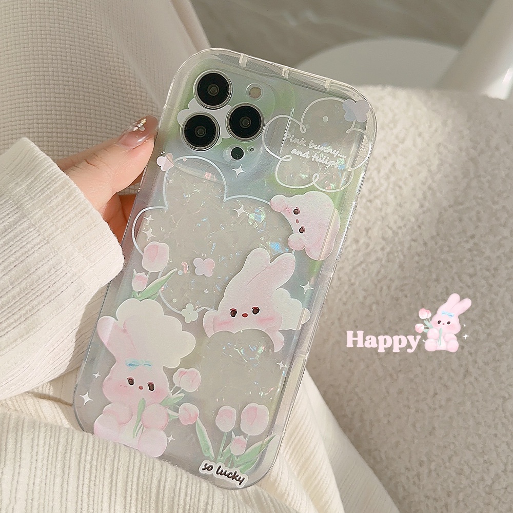 IPHONE Cute Pink Bunny Kelinci Musim Semi Kerang Pola Transparan Shockproof Casing Ponsel Cover Untuk Iphone11 12 13 14 PLUS PRO MAX