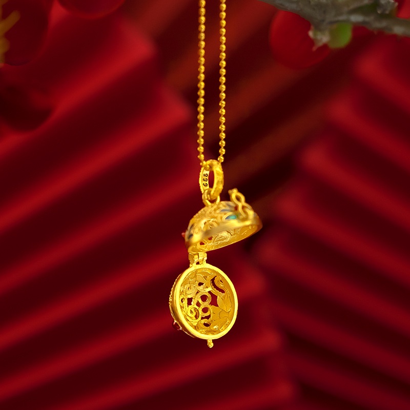 Goldkingdom Perhiasan Fashion Emas Asli Kadar 375Bangkok Aksesoris Ready Stock Gaya Kuno Membakar Sachet Biru Berlapis Emas Liontin Perempuan Gaya Nasional Melubangi Pembakar Dupa