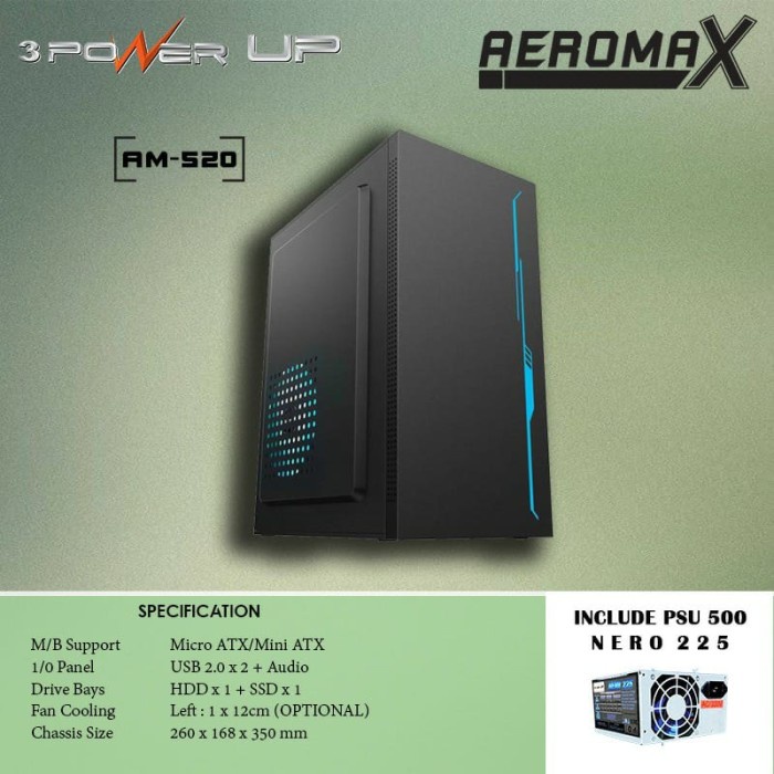 Power Up Casing Aero Max AM-520 Mini Tower M-ATX With PSU 500w