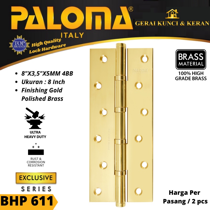 PALOMA BHP 611 BUTT HINGE ENGSEL PINTU BRASS 8&quot;X3,5&quot;X5MM 4BB PB GOLD EMAS PB