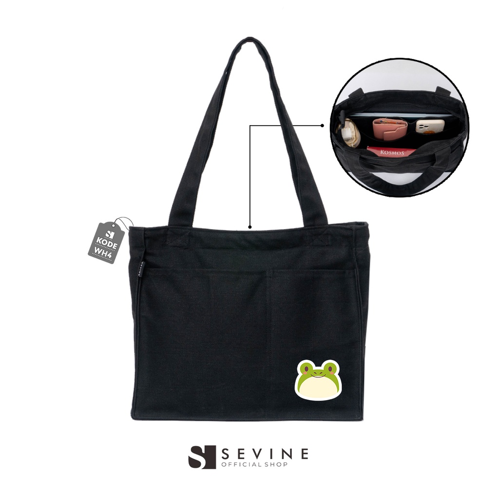 Sevine Totebag Kanvas Rebecca Tas Wanita Tote Bag Kuliah Sekolah Sekat Resleting Hitam Elegan Aesthetic - WH