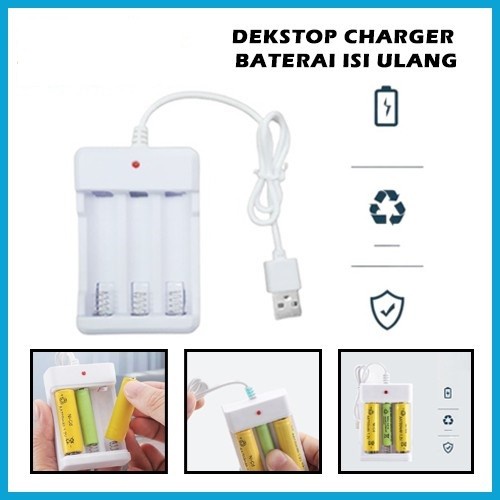 Desktop Charger Baterai Isi Ulang 3 Slot A2 A3 AA AAA Casan Kabel USB