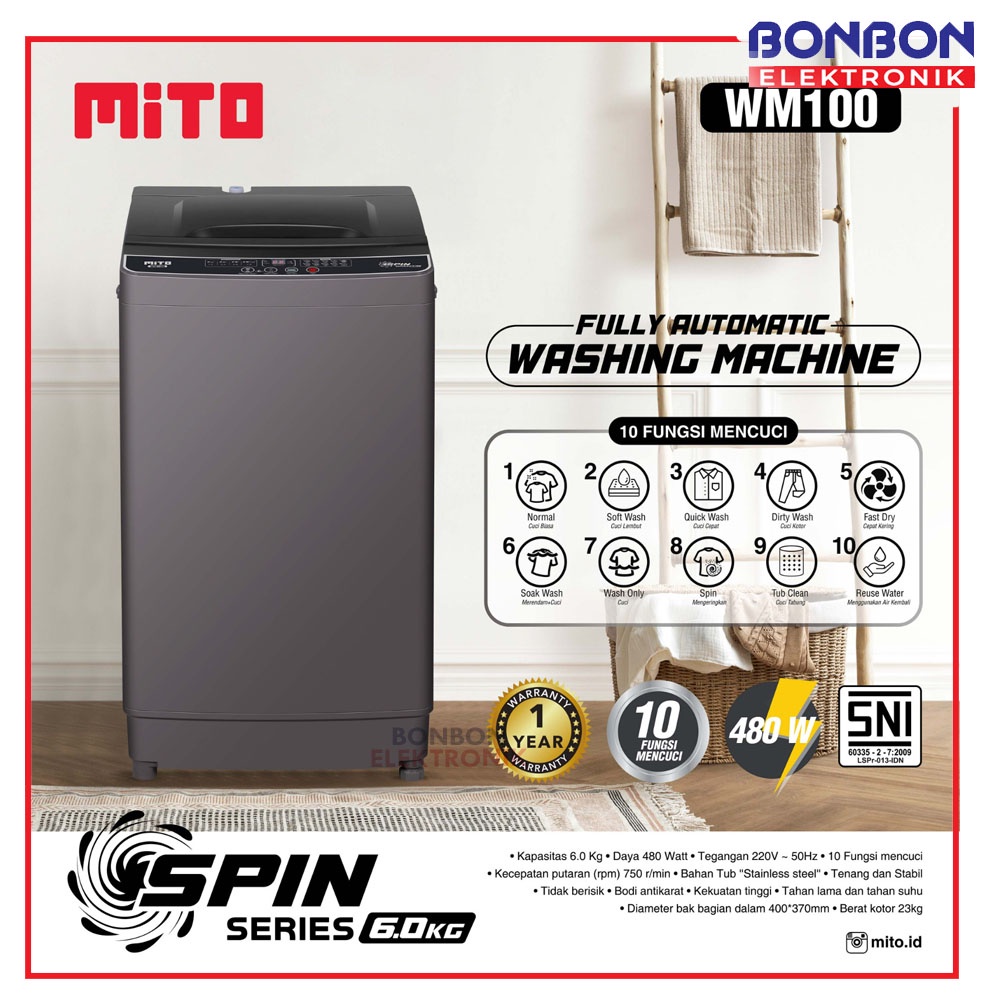 Mito Mesin Cuci 1 Tabung 6KG WM100 Automatic / Wm 100 Top Loading 6KG