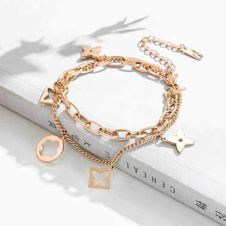 2022 Gelang Tangan Rantai Motif Geometri Clover Hollow Untuk Wanita | Kalung Rantai Rose Gold 18kt Bahan Titanium Steel Untuk Wanita