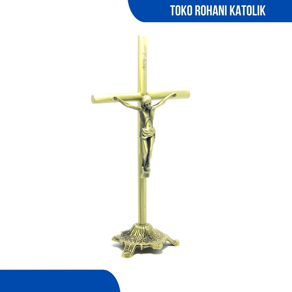 SALIB DUDUK KATOLIK (PIPA) 20 CM / SALIB KATOLIK LOGAM / SALIB MEJA / SALIB ALTAR