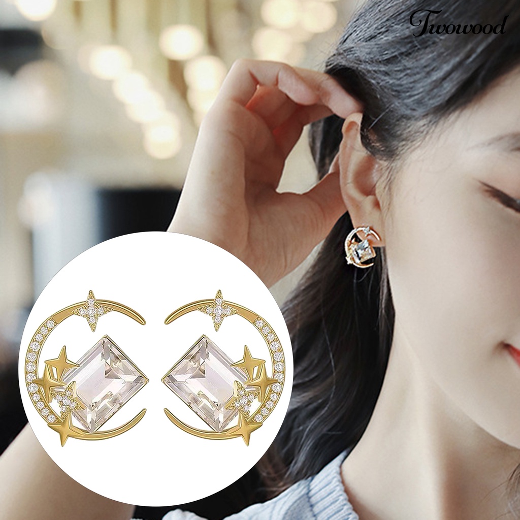 Twowood 1pasang Ear Studs Sparkling Gaya Korea Anti-Oksidasi Friendly Terhadap Kulit Tidak Iritasi Hias Alloy Wanita Bintang Bulan Stud Earrings Perhiasan Decor Untuk Lady