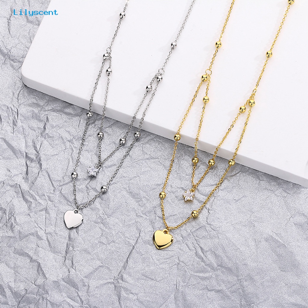 [LS] Kalung Wanita Gaya Korea Dan Jepang Fashion Aksesoris Hadiah Anniversary Manis Double-Layered Star Love Heart Rhinestone Necklace Untuk Pacaran