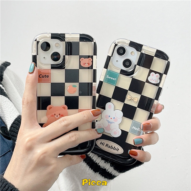 Couple Checkerboard Case Untuk Samsung A13 A50 A04s A12 A03s A52 A32 A04 A02s A30s A23 A04E A50s A52s A11 A03 M11 A20 A30 F23 M23 M13 Beruang Lucu Kelinci Airbag Shockproof Soft Case