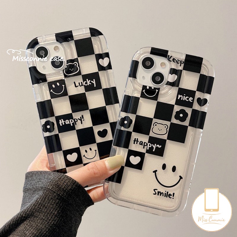 IPHONE Pasangan Kotak-Kotak Smiley Airbag Case Kompatibel Untuk Iphone11 14 13 12 Pro MAX XR 7Plus 8Plus 6 6S Plus X XS MAX SE 2020 Beruang Lucu Lembut Tpu Cinta Hati Ponsel Cover