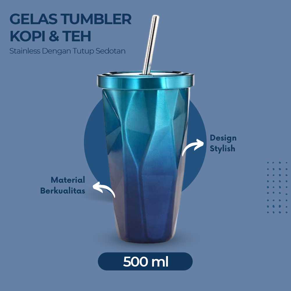 (BISA COD) FTIHSHP OLOEY Gelas Tumbler Kopi Teh Stainless Dengan Tutup Sedotan 500ml - AD57