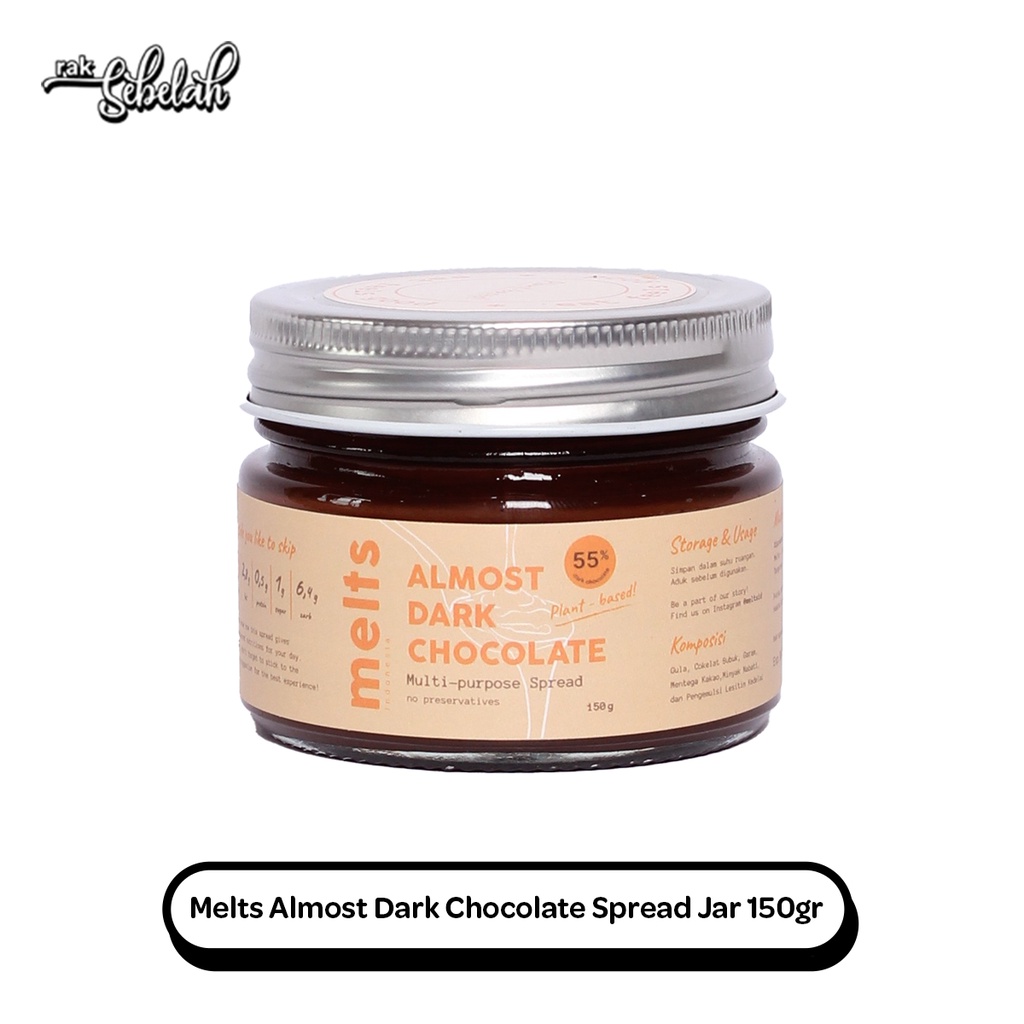 Melts Almost Dark Chocolate Spread Jar 150gr - Selai Cokelat Vegan Plant Based Healthy Diet Low Calo
