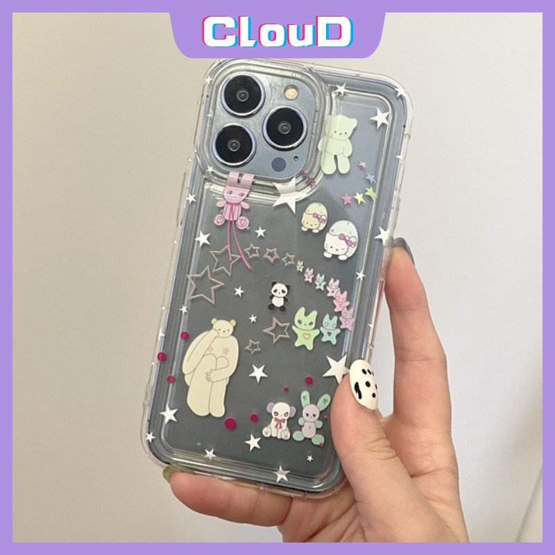 Ins Graffiti Clear Airbag Shockproof Case Kompatibel Untuk iPhone 7Plus 11 13 14 12 Pro Max XR 7 8 6s 6 Plus X XS Max SE 2020 Kartun Lucu Lovely Star Bear Soft Silicon TPU Cover