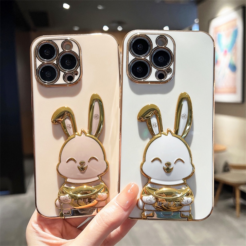 Cute RabbitFro Soft Case iPhone 14 Pro Max 13Pro 12 Pro Max Rabbit Pegang Ingot Dengan Phone Holder Electroplating Phone Case