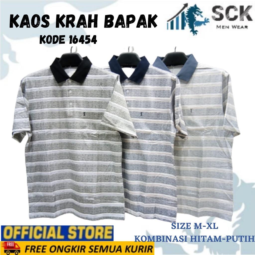 Kaos Krah Pria Bapak MZ Dewasa Warna Putih Kombinasi Salur Motif / Baju  Orang Tua / Pakaian Bapak Kakek 55-100Kg - sckmenwear GROSIR