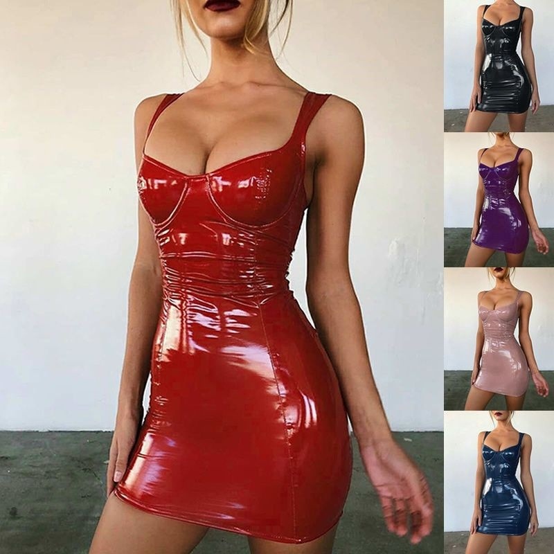 Sexy/Sissy Dress Latex Faux Leather Bodycon  PU Leather Sling Dress