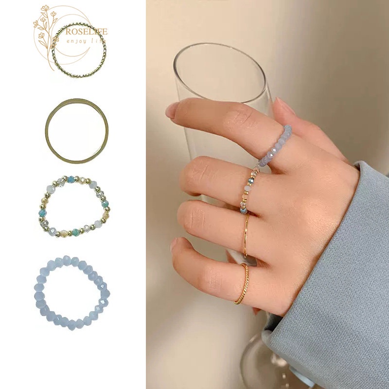 Roselife Korea 4 Pcs Manik-Manik Biru Susun Cincin Set Untuk Wanita Perempuan Trendi Knuckle Ring Fashion Jari Perhiasan