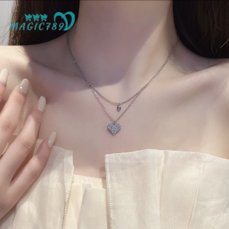 Papaozhu Korea Double Layer Bersinar Zirkon Jantung Liontin Kalung Untuk Wanita Gadis Elegan Berlian Imitasi Peach Kalung Fashion Perak Tulang Selangka Rantai Perhiasan Hadiah