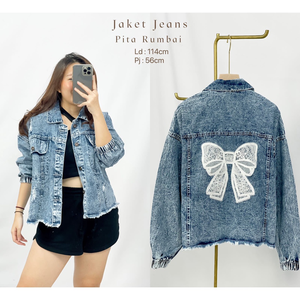 Jaket Jeans Wanita Kekinian Kantong Depan Jeans Pita Series HOPYLOVY