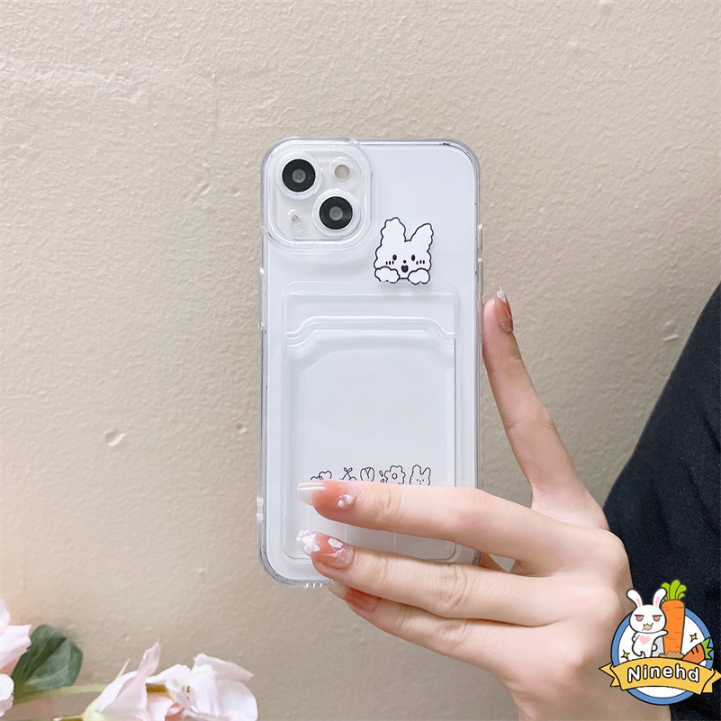 Case Tas Kartu Bening Kompatibel Untuk Iphone14 13 12 11 Pro Max X Xr Xs Max iPhone 8 7 6 6s Plus SE 2020 Ins Kartun Beruang Kelinci Bening Card Holder Silikon Shockproof Soft Phone Case