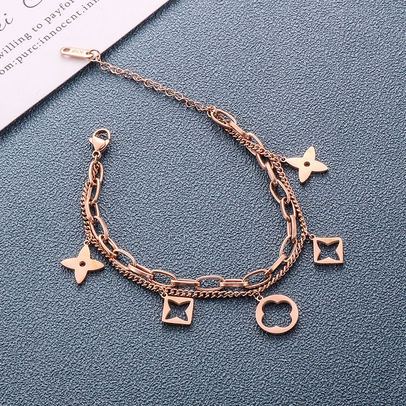 2022 Gelang Tangan Rantai Motif Geometri Clover Hollow Untuk Wanita | Kalung Rantai Rose Gold 18kt Bahan Titanium Steel Untuk Wanita