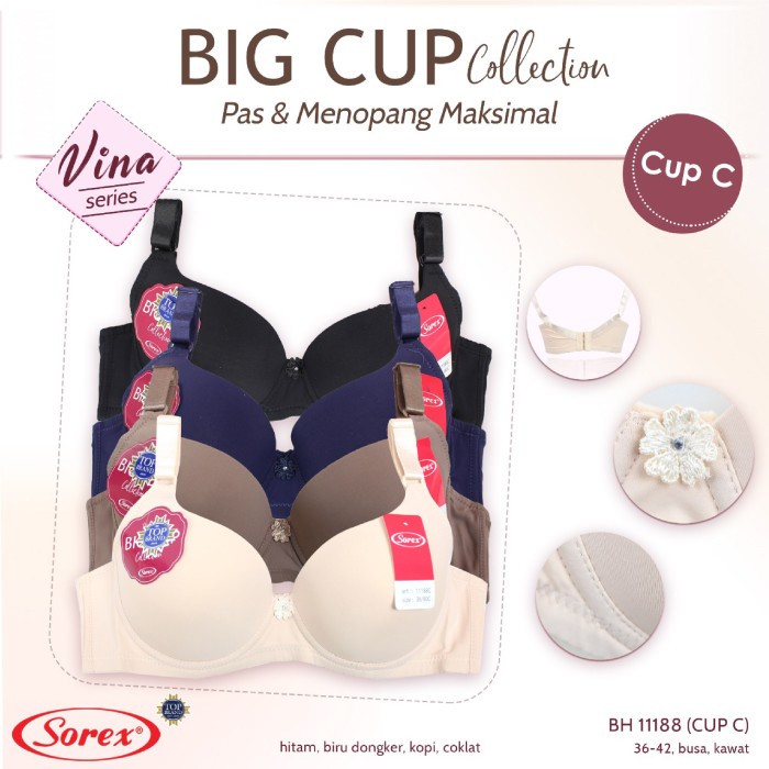 Sorex Bra Wanita - BH 11188 - Busa Tipis Cup C Besar / Kawat Kait 3 - BIG CUP Collection