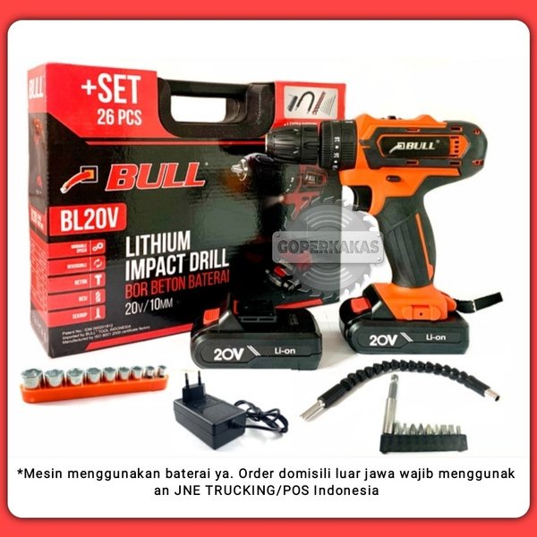 MESIN BOR CORDLESS BULL 20V - BOR BETON BATERAI 10MM BULL