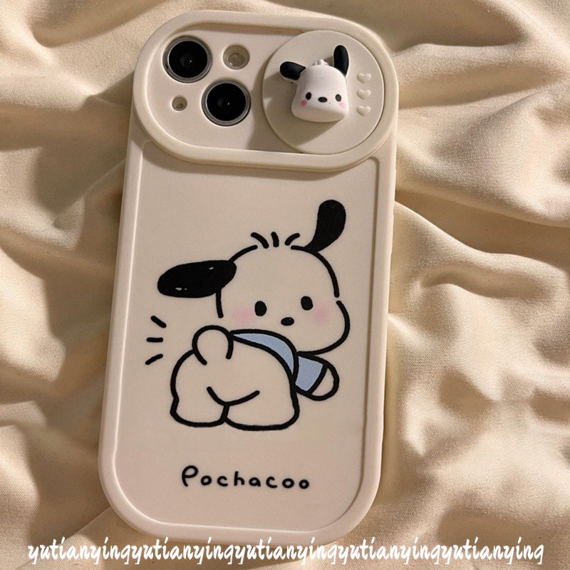 IPHONE Pasangan Lucu Pochacco Case Kompatibel Untuk Iphone11 13 12 Pro MAX Xr7 8 Plus X XS MAX Lembut TPU Kartun 3D Boneka Push Pull Jendela Penutup Perlindungan Lensa Kamera