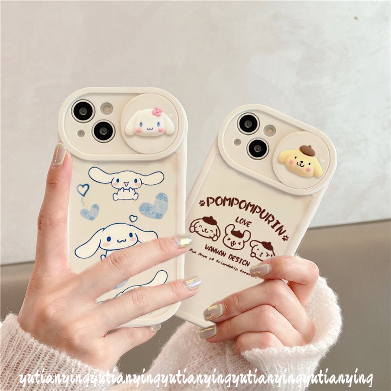 IPHONE Casing Ponsel Kompatibel Untuk Iphone11 7 8 Plus XR 13 12 Pro MAX X XS MAX Lovely Cinnamoroll Pom Pom Purin Kartun Lucu Boneka 3D Tarik Jendela Pelindung Kamera Lembut TPU Cover