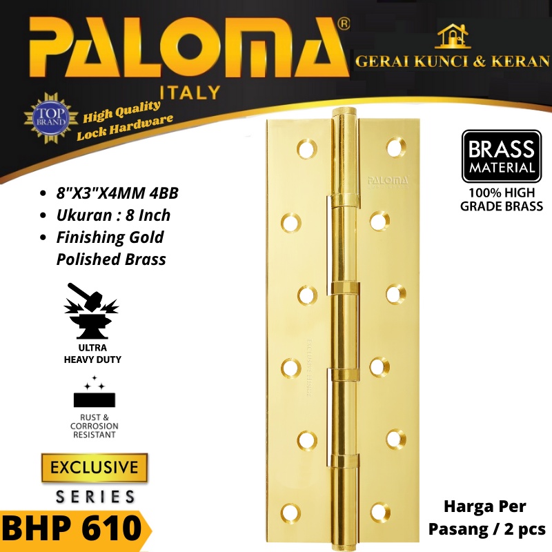 PALOMA BHP 610 BUTT HINGE ENGSEL PINTU BRASS 8&quot;X3&quot;X4MM 4BB GOLD EMAS PB