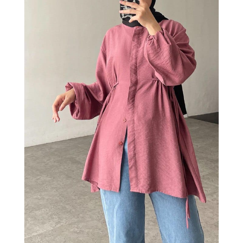 Amanda Blouse Pollo Linen Premium Blouse Wanita Tali Pinggang